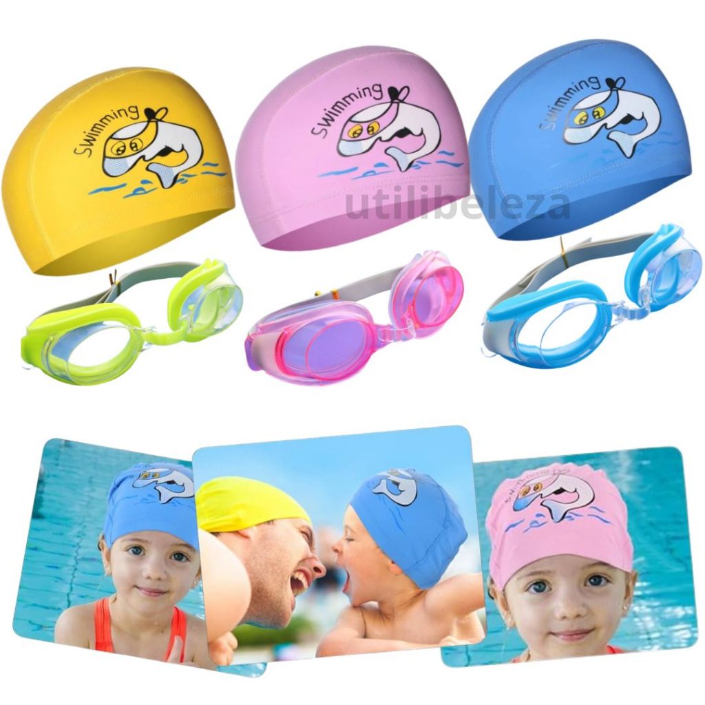Kit Natação Touca e Óculos de Mergulho Hidroginástica Lycra UV Infantil ...