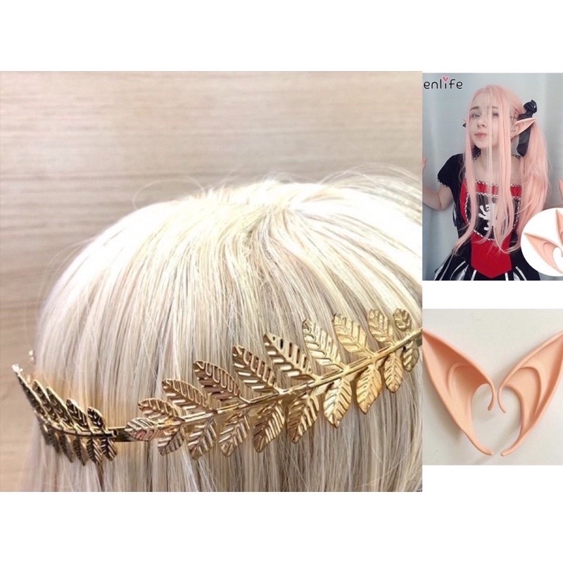 Kit Coroa Folha Dourado + Orelha de Elfo Para Cosplay /Fantasia