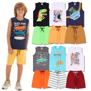 Kit 10 Peças de Roupas Infantil Menino - 5 Regatas + 5 Bermudas Tamanho 1 ao 10