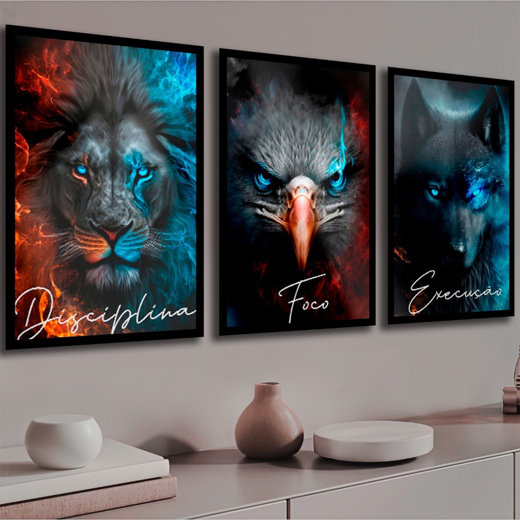 Quadro Decorativo Grande Escritório Leão Foco Disciplina Águia Escritório Sala Mdf 3 Pçs