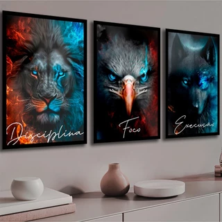 Quadro Decorativo Grande Escritório Leão Foco Disciplina Águia Escritório Sala Mdf 3 Pçs