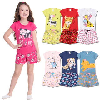 Kit Sortido 5 Pijama Infantil Menina - 5 Camisetas + 5 Bermudas - Kit com 5 Pijamas de Roupa Infantil Menina Verão Bebê