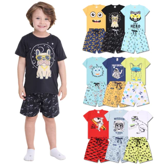 Kit Sortido 10 Peças Pijama Infantil Menino - 5 Camisetas + 5 Bermudas Kit com 5 Pijamas de Roupa Infantil Menino Verão