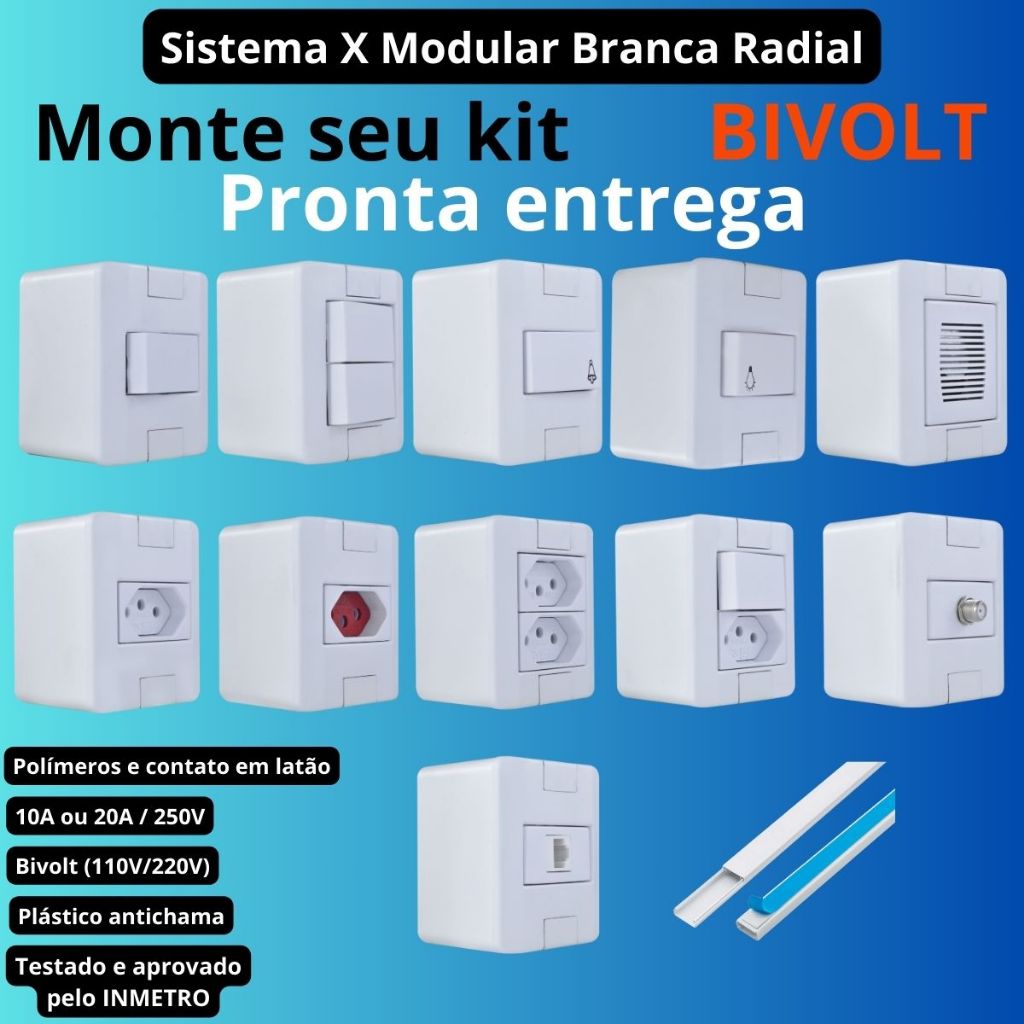 Conjunto Tomada e Interruptores 10A/20A Sobrepor Sistema X Modular Branca Radial Tomada Interruptor