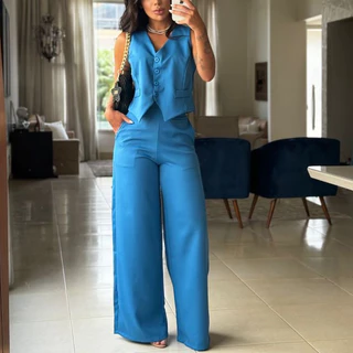 Conjunto Social Calça Pantalona Cintura alta bolsos Alfaiataria Colete Botões Uniforme Plus Size