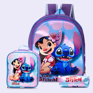 Kit Mochila Infantil Menina Feminina + Lancheira Térmica + Estojo Lilo e Stitch - Envio Imediato