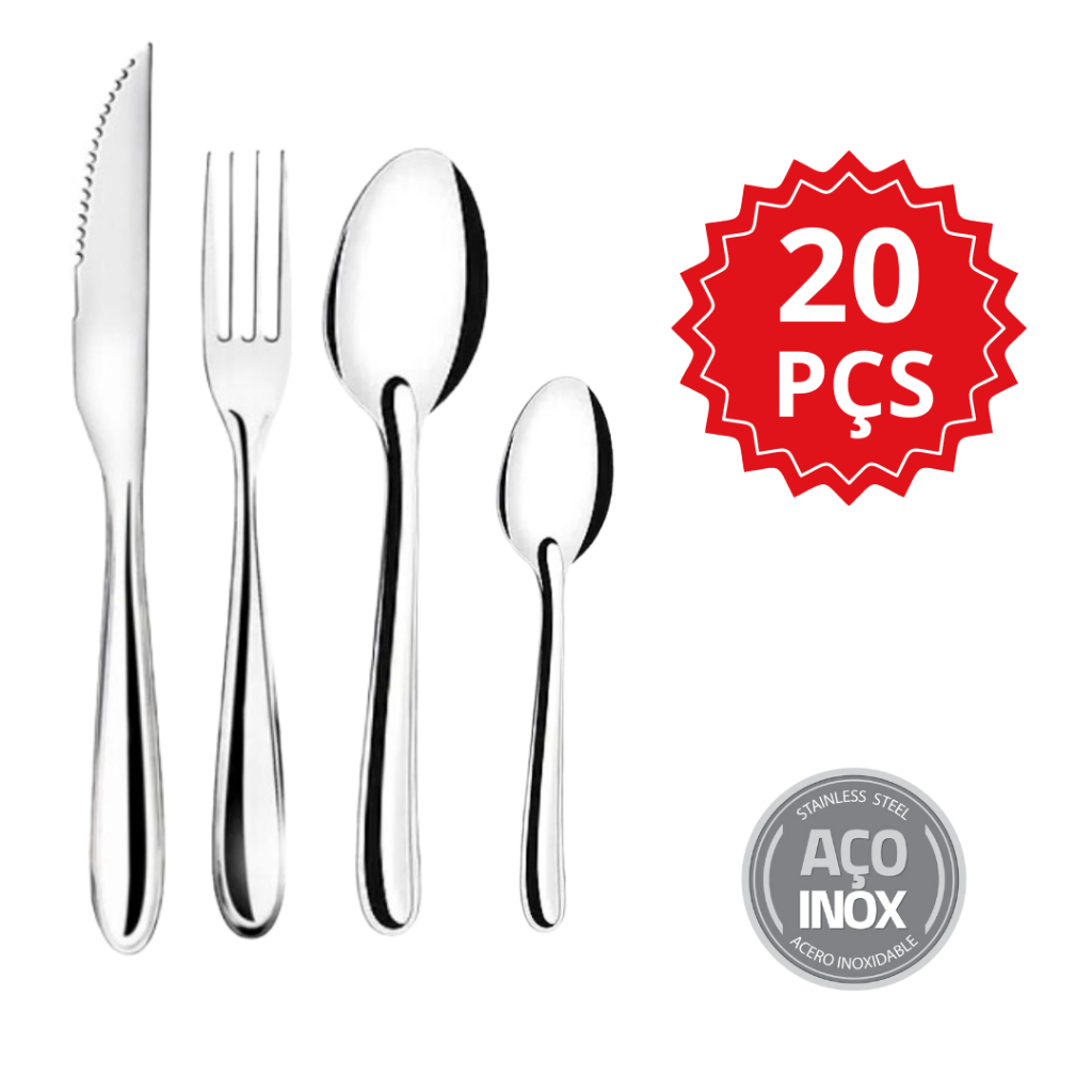 Jogo de Talheres 20 peças Inox 5 Facas, 5 Garfos , 5 Colheres e 5 Colheres de Sobremesa