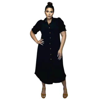VESTIDO LONGO CHEMISE COM MANGA CURTA LASTEX COM BOTÕES E GOLA COLARINHO PLUS-SIZE.