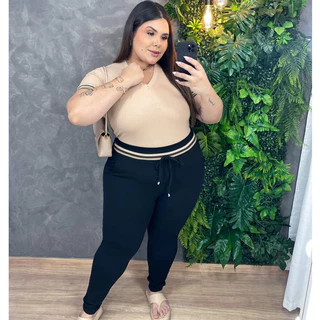 Conjunto Plus Size Calça Crepe de Malha com Blusa Canelada | Veste do 46 ao 54