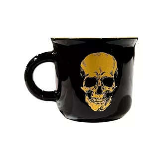 Caneca Retrô 340ml Preta Dourado Caveira Skull Cerâmica Presente Xicara Criativa Rock Diferente