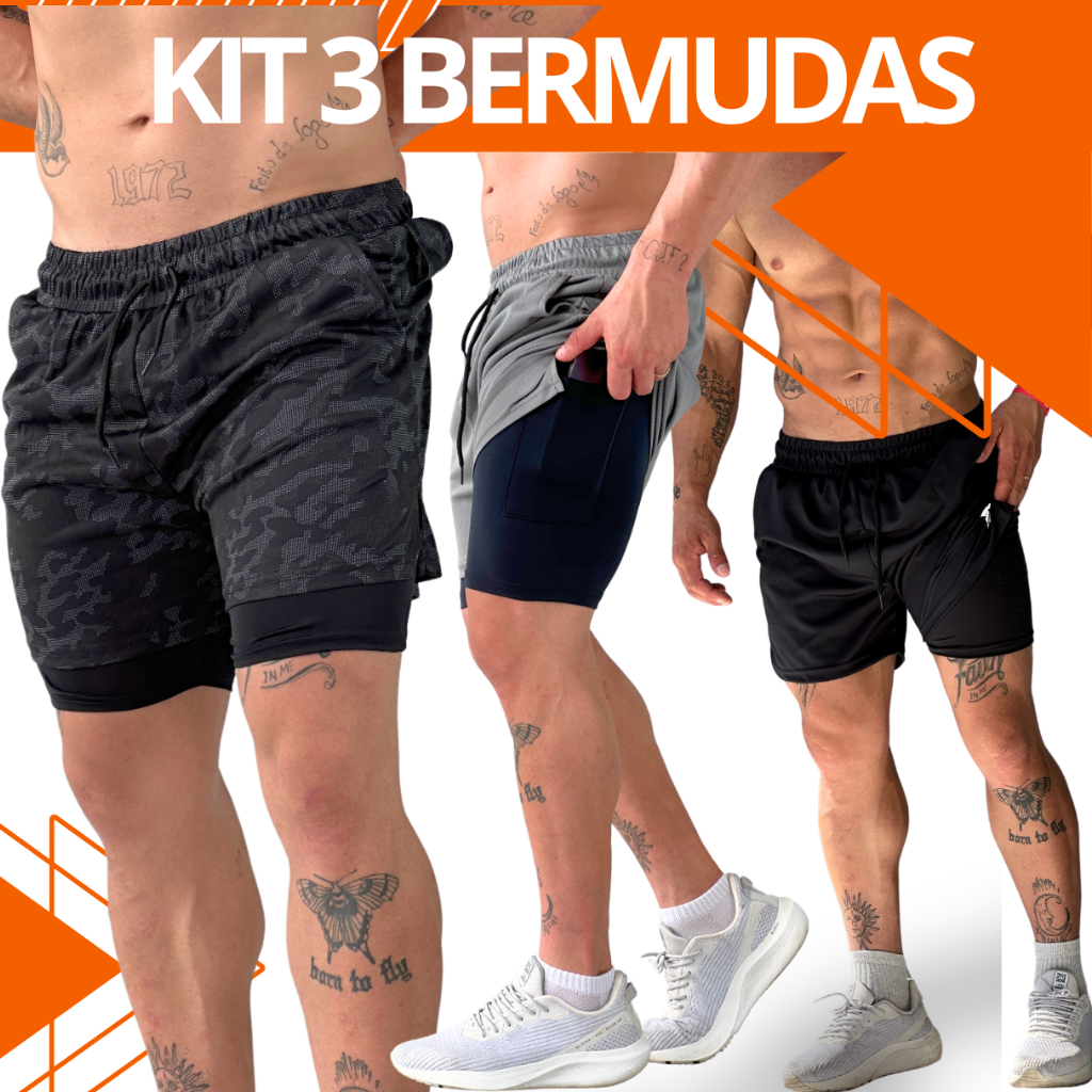 kit 3 Shorts Dupla Compressão Masculino