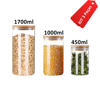 Kit 3 Potes De Vidro para Mantimentos com Tampa Bambu 1700ml 1000ml 450ml