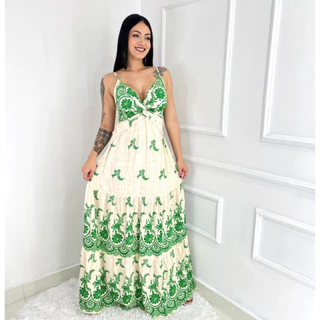Vestido longo de alça estampado viscolinho lastex na costa 10001