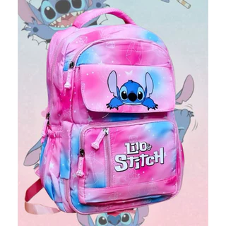 Mochila Rosa Stitch Grande Impermeável de Costas Feminina