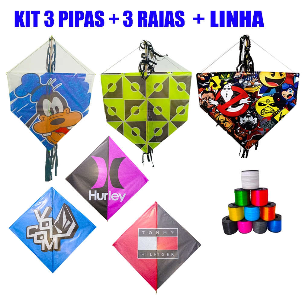 Pipa Kit 3 Pipas Com Rabiola 3 Raias peixinho e 1 Linha de Pipa ...