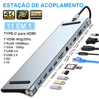 Type C HUB e USB 3.0 HUB 10 em 1 porta divisor PD100W 4K HDMI VGA RJ45 PD TF/SD para laptop