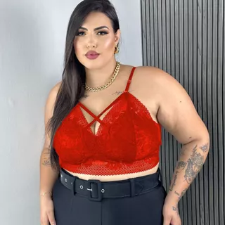Top Feminino Plus Size com Bojo em Renda Reforçado Cropped em Renda Strappy , Blusinha Tamanho Grande G1 G2