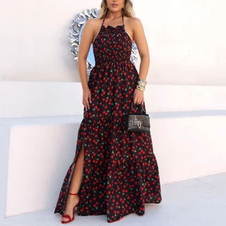 Vestido feminino longo frente única decote nas costas elástico e fenda cereja
