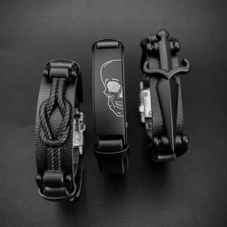 Pulseira Bracelete Masculina Feminina Unissex Caveira Marinheiro Espada Adaga Ajustável Couro Preta