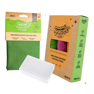 Pano Mágico Limpa Vidros 40x40cm Kit 3 Pano Mágico Uso Geral 30x30cm 1 Supergreen Esponja Limpadora
