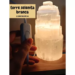 Torre Selenita Branca Luminária Abajur 15 cm Luz Amarela Interruptor