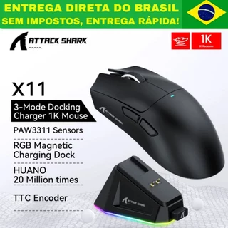 Mouse gamer Attack Shark X11 SEM FIO Com Dock Recarregável RGB Bluetooth, 2.4g, PAW3311 PC, Notebook