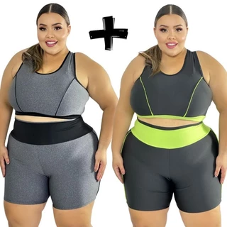 Kit 2 Conjuntos Fitness feminino Top + Short PLUS Size e Slim G GG XGG EXGG (40 ao 54) modelo curves