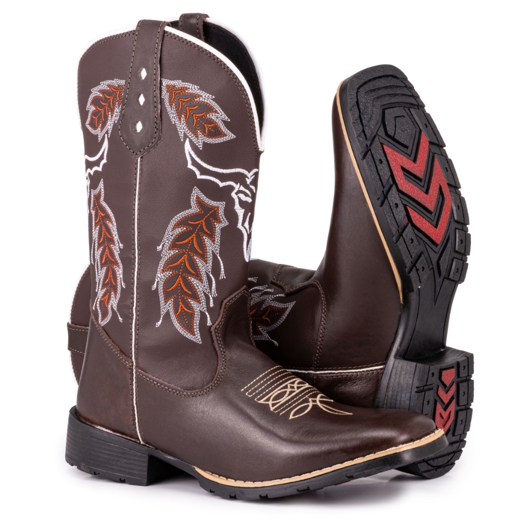 Bota Texana Masculina Country Bico Quadrado Rodeio Solado Costurado ...