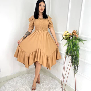 Vestido midi de ponta Feminino Manga Curto 0986