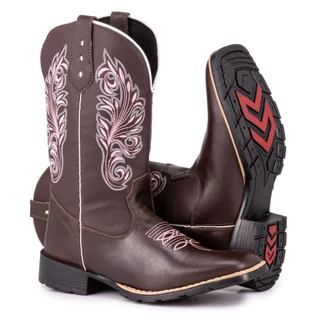Bota Texana Feminina Country Bico Quadrado Solado Costurado Bordado Flor