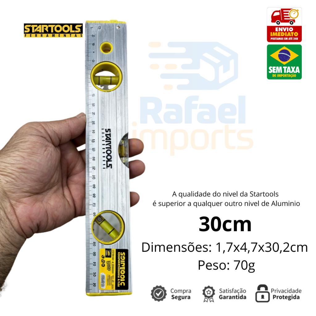 Nível Em Alumínio 30cm Com 3 Bolhas leve e resistente - Startools