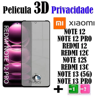 Película Vidro 3D Privacidade Redmi Note 12S/Note 12(4g/5g)MI 13C//Note 12 Pro(4g/5g)/Redmi 12C/Redmi12/Note 13 4g/Note 13 5g/Note 13 Pro Protetor Da Tela Anti Espionagem Cobre Tudo