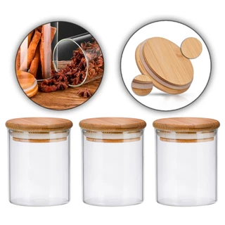 Kit 3 Potes de Vidro 500ml Com Tampa De Bambu Hermético porta mantimentos jogo pote cozinha tempero