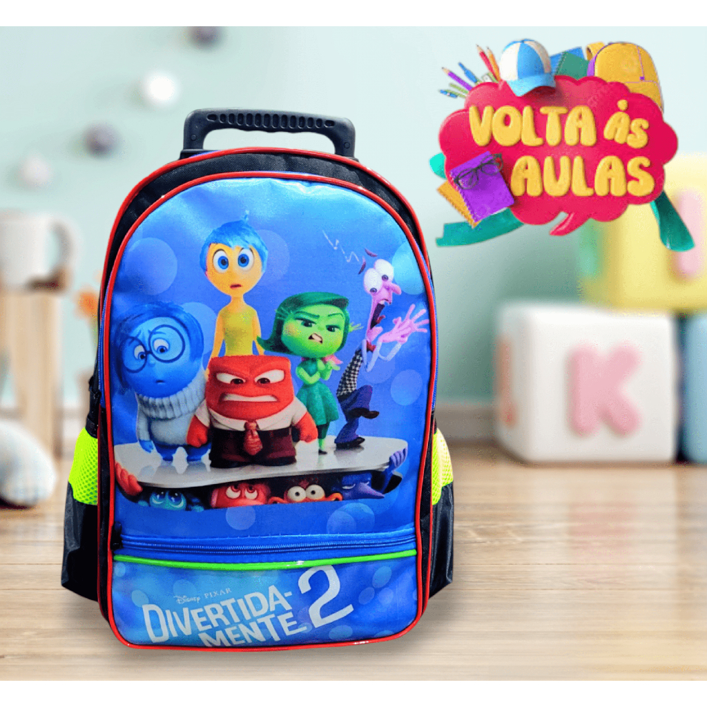 Mochila Infantil Escolar Grande Com Rodinha Divertida Mente Preta ...