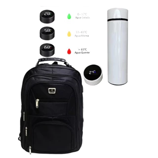 Kit 1 Mochila Impermeável Com Alça Reforçada Viagem + 1 Garrafa Térmica com LED Premium