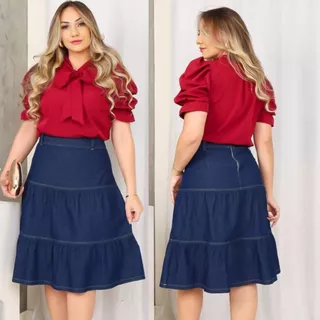 Saia Jeans Midi Gode 2 Marias Soltinha com Ziper Feminina Moda Evangelica