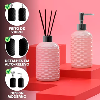 Kit Lavabo Banheiro Vidro Dispenser Porta Sabonete Líquido e Aromatizador Difusor 2 peças