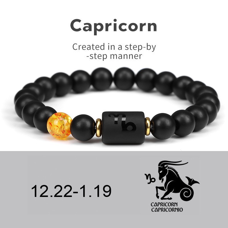 Doze Constelações Pulseira De Ágata Negra Textura Mate Elástica Pulseira Para Homens E Mulheres Capricorn