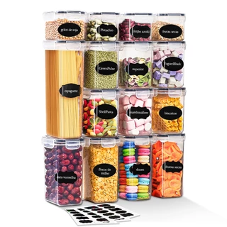 Conjunto de recipientes herméticos para armazenamento de alimentos , 15 unidades de recipientes de armazenamento de cozinha com tampas para farinha, açúcar e cereal, recipientes de alimentos secos de plástico para organização e armazenamento da despensa
