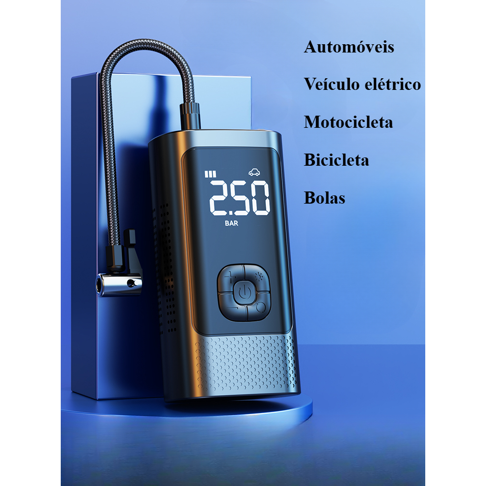 Mini Compressor de Ar 3 em 1 - Portatil Recarregavél Digital USB - Função Calibrador de Pneu, Lanterna e Bateria Portátil Bomba BT-AX104