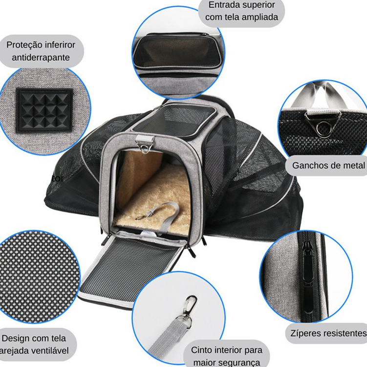Bolsa Pet Expansível para Viagens Seguras e Confortáveis | Caprioli - Detalhes