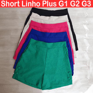 Short Feminino Plus Size Linho Social com bolso Botões forrados e Elástico na Cintura