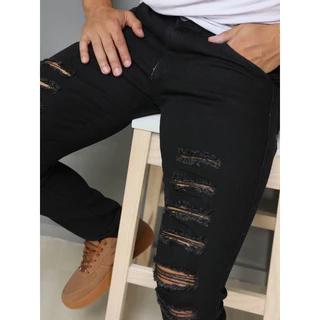 promocao!!Calça Jeans Masculina Preta Slim Rasgadas Lycra Alta Qualidade 2024