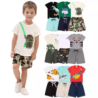 Kit Sortido 10 Peças de Roupas Infantil Menino- 5 Camisetas + 5 Bermudas - Kit com 5 Conjuntos de Roupa Infantil Menino Verão Masculino Bebê