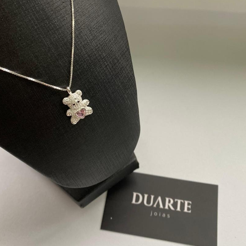 Colar Feminino Pingente Cravejado Ursinho Prata 925