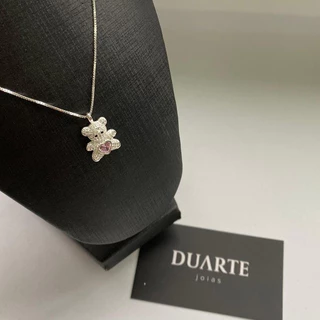Colar Feminino Pingente Cravejado Ursinho Prata 925