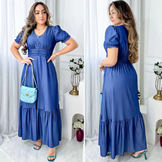 Vestido Longo Gola V Manga Curta Princesa Cintura Com Elastico Detalhe Botão Liso Verão Casual Elegante Evangélica