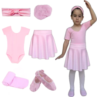 Kit Ballet Infantil Com 6 Peças: Faixa + Rede + Collant + Saia de Cós + Meia + Sapatilha - Kit Para A Sua Bailarina