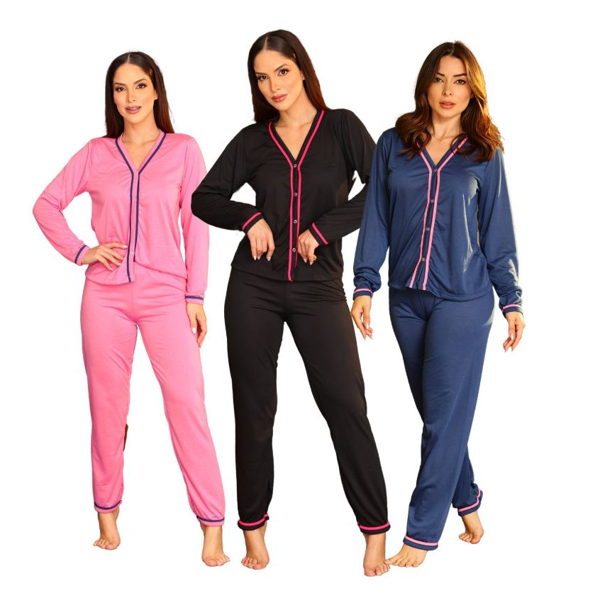 KIT C/ 3 Pijama Feminino de inverno Americano -Amamentação Pós Parto Confortável