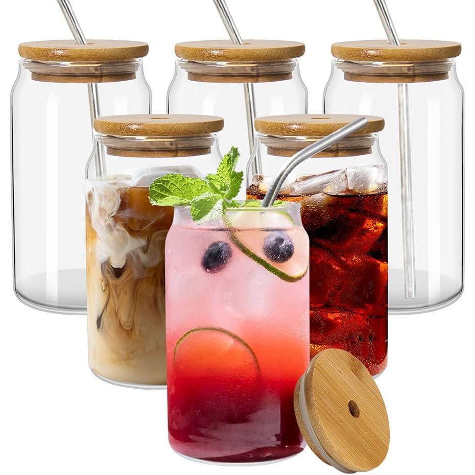 !!Envio Rápido- Copo de Vidro com Tampa de Bambu e Canudo de Vidro 500ml